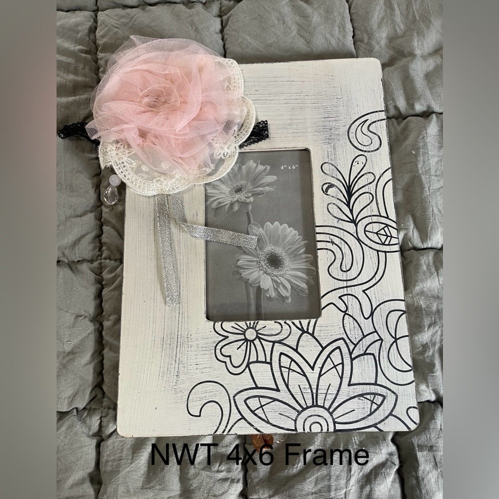 Floral White and Black Picture Frame with Pink Flower Accent